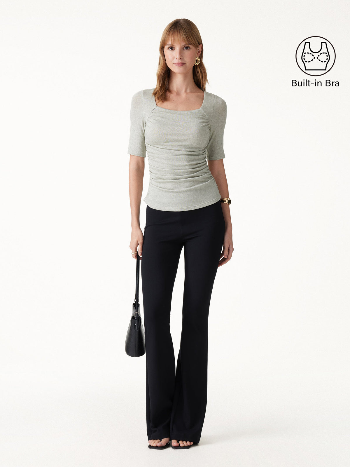 OGLmove Women's Lyocell-Wool Square Neck Elbow Sleeve Ruched Bra Top