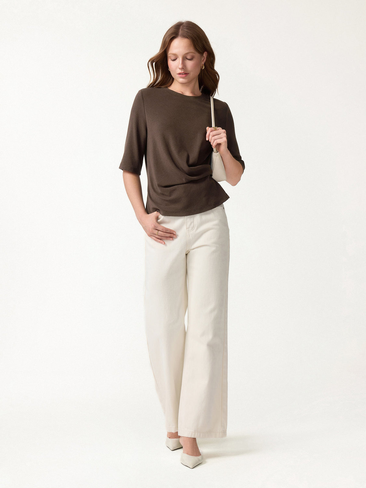 OGLmove Women's Eco-Mousse Round Neck Elbow Sleeve Side-Tuck Top