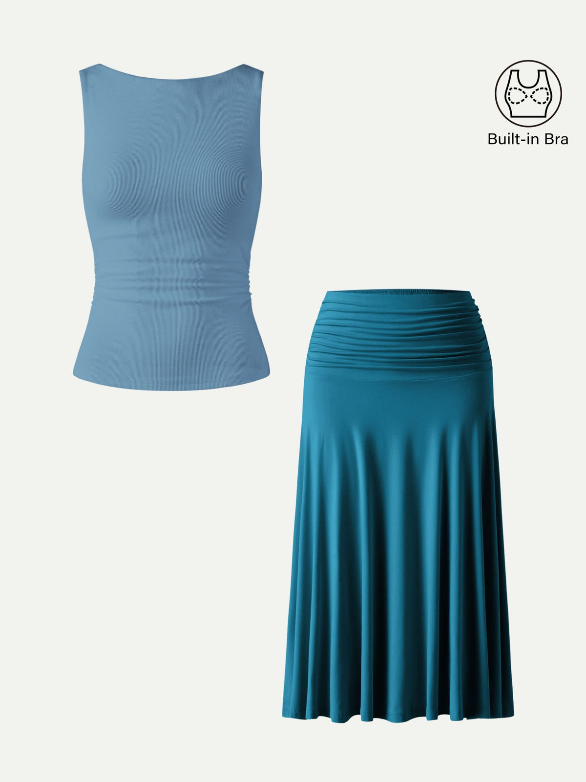 OGLmove Women's Open Back Bra Tank & Side Ruched Midi Skirt Set