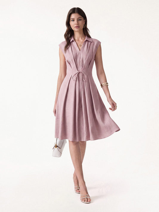 OGLmove Women's Viscose-Linen V-Neck Midi Dress with Drawstring