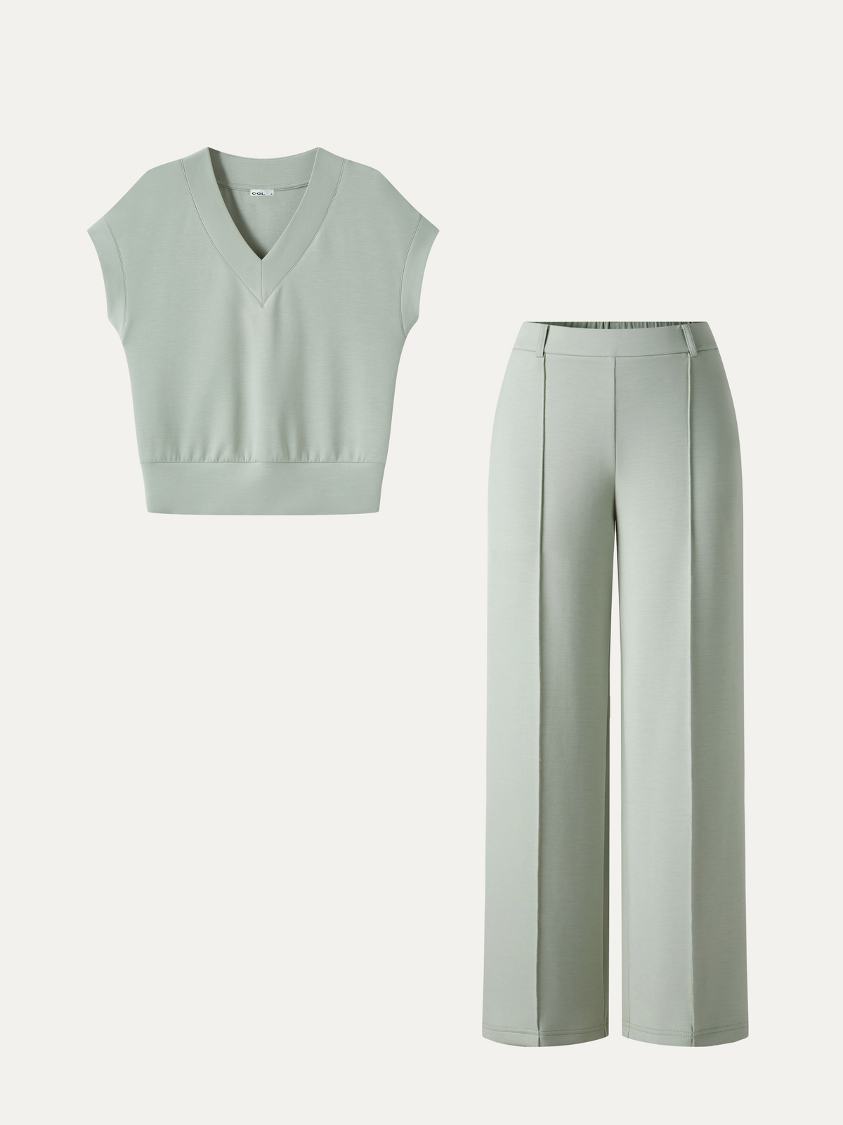 OGLmove Women's V-Neck Short Sleeve Top & Cropped Straight-Leg Pants Set