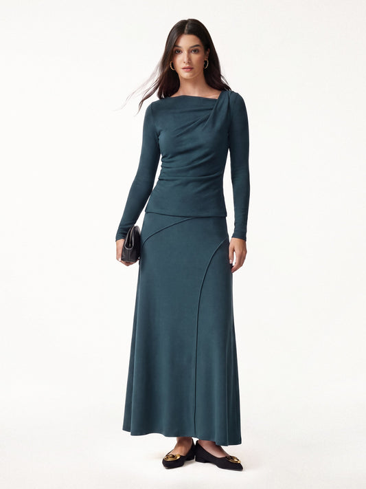 OGLmove Women's Asymmetrical Neck Long Sleeve & Midi Skirt Set