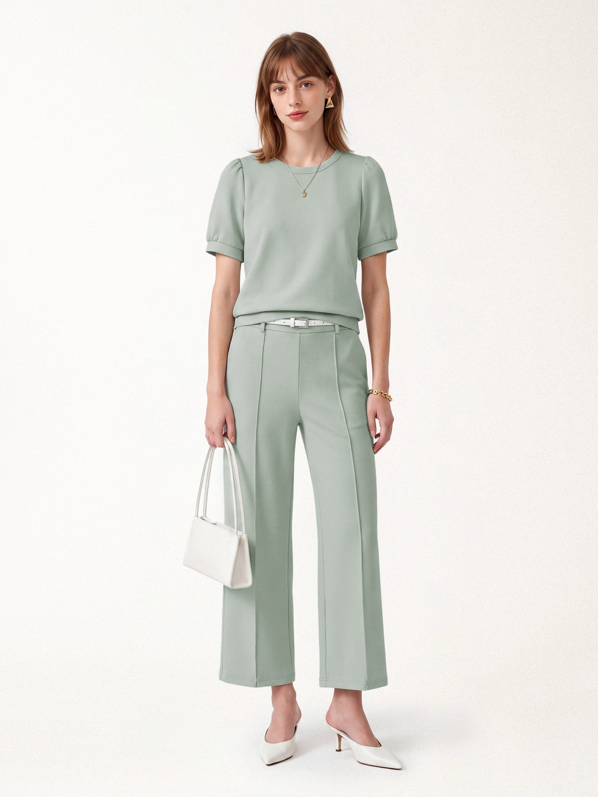 OGLmove Women's Puffed Sleeve Top and Cropped Pants Set