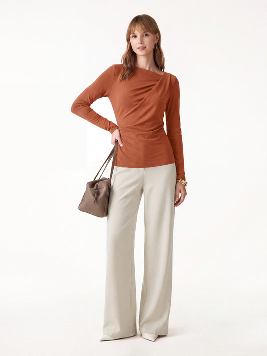 Women's 2-Piece Asymmetrical Neck Long Sleeve Top and Wide Leg Trouser Set