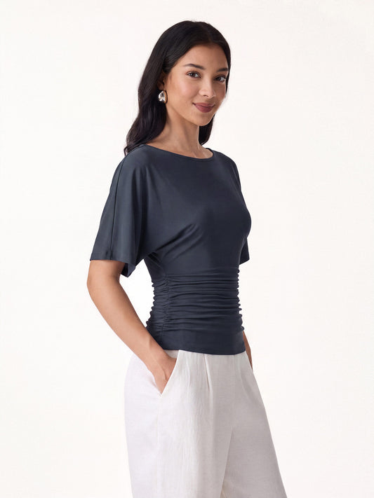 OGLmove Women's Boatneck Batwing Sleeve Side Ruched Top