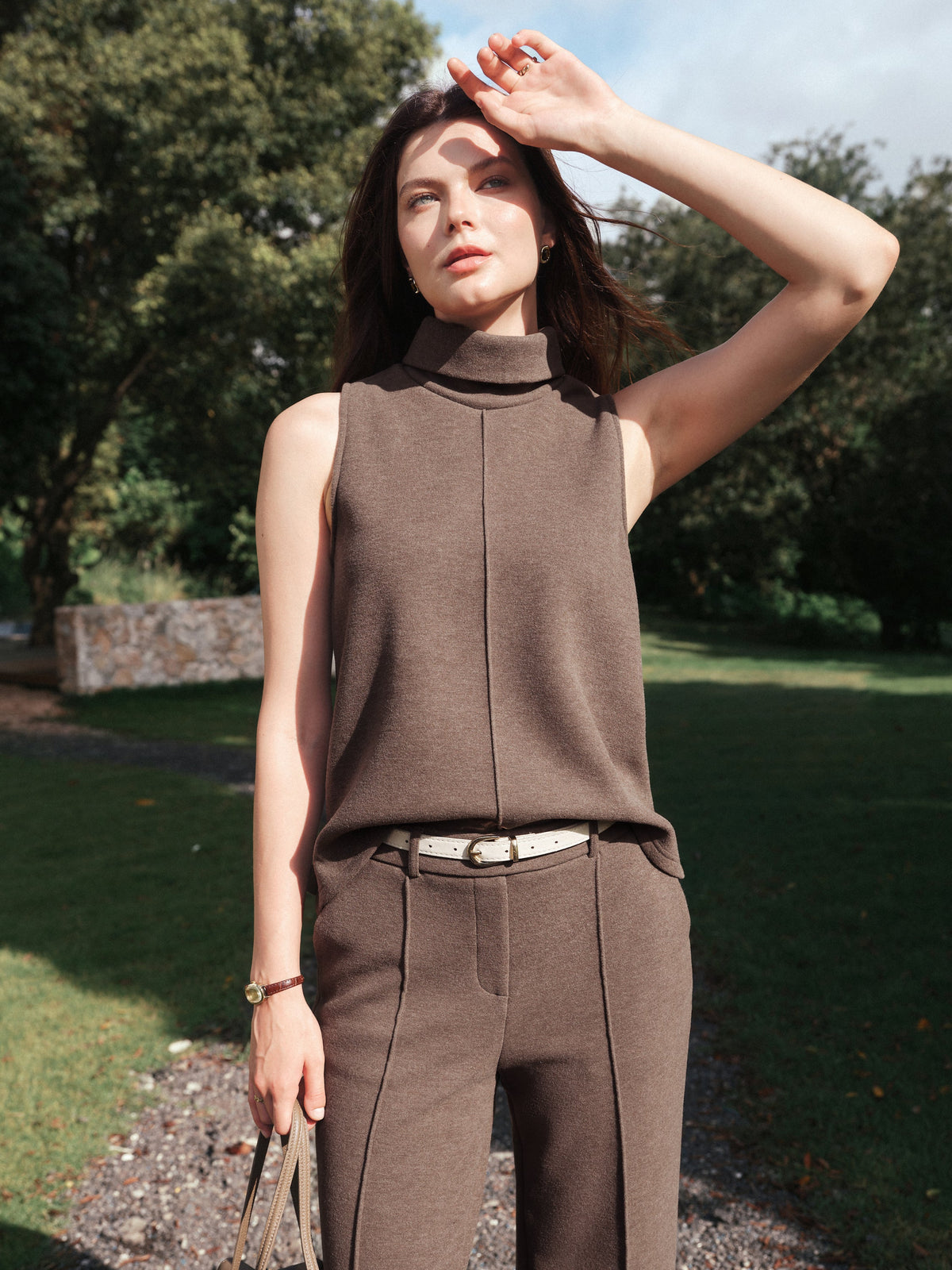 Women's Turtle Neck Split Hem Top & High Waisted Straight Leg Pant Set