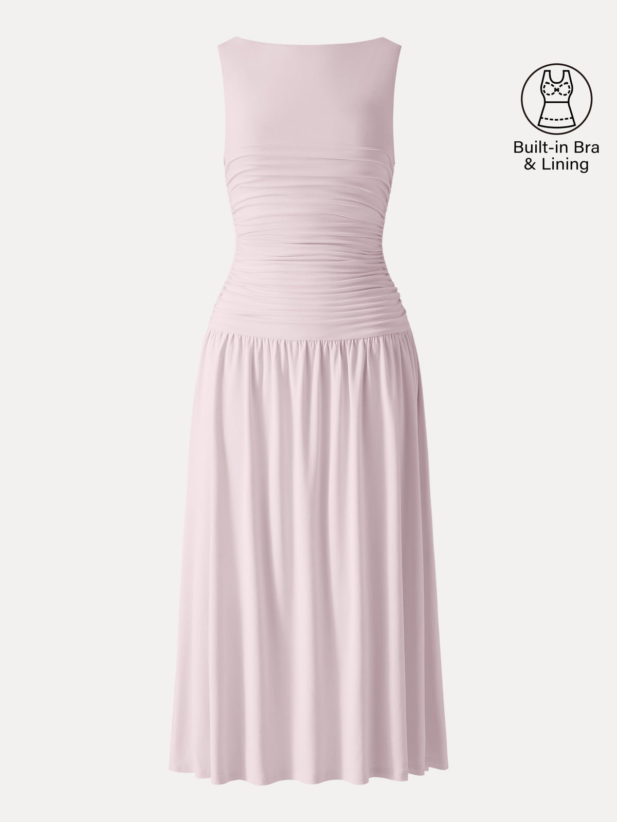 OGLmove Women's SkinKiss Boatneck Ruched Sleeveless Midi Bra Dress