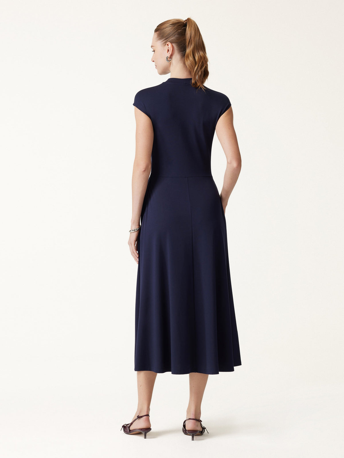 OGLmove Women's Ponte Mock Neck Ruched A-Line Midi Dress with Pockets