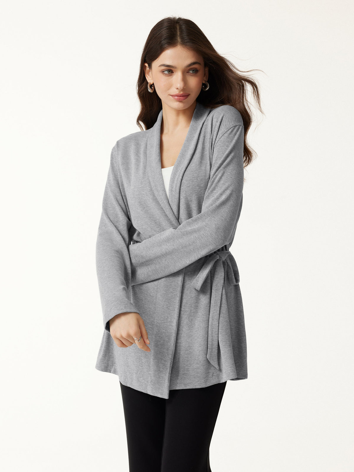 OGLmove Women's Eco-Mousse Lapel Long Sleeve Belted Cardigan