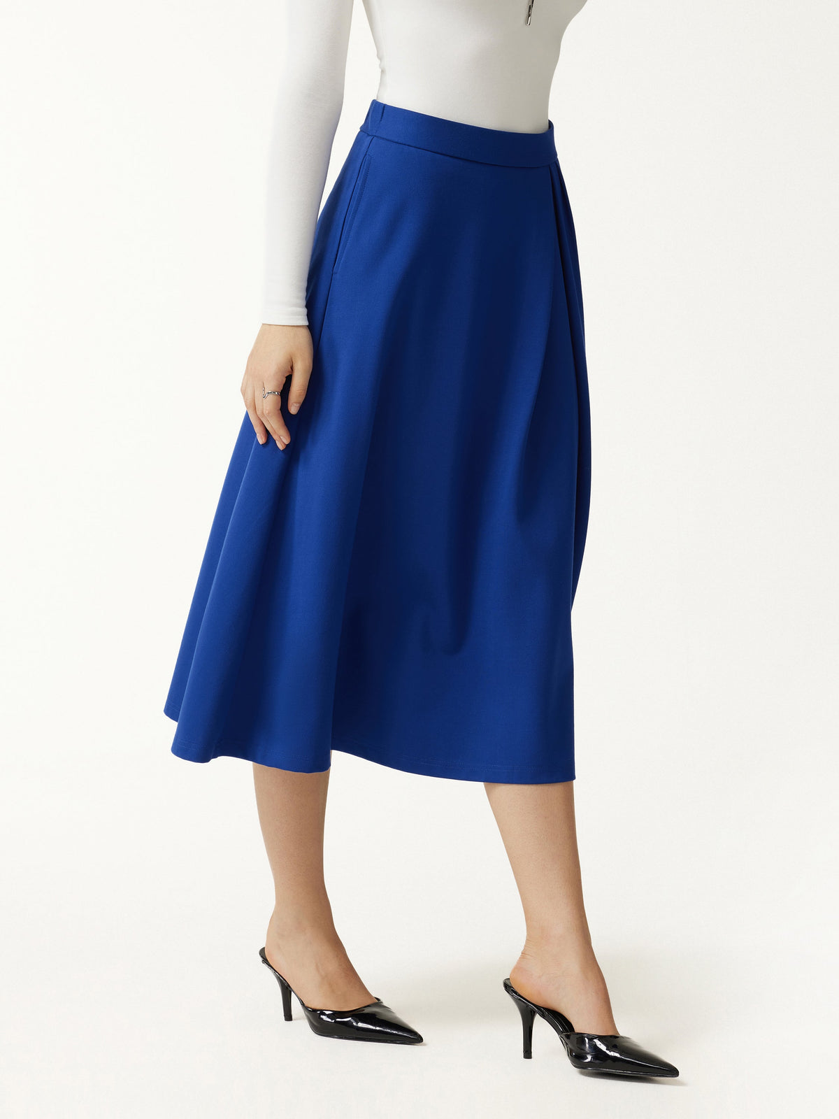 OGLmove Women's Ponte Mid-Rise Tucked A-Line Midi Skirt with Pockets