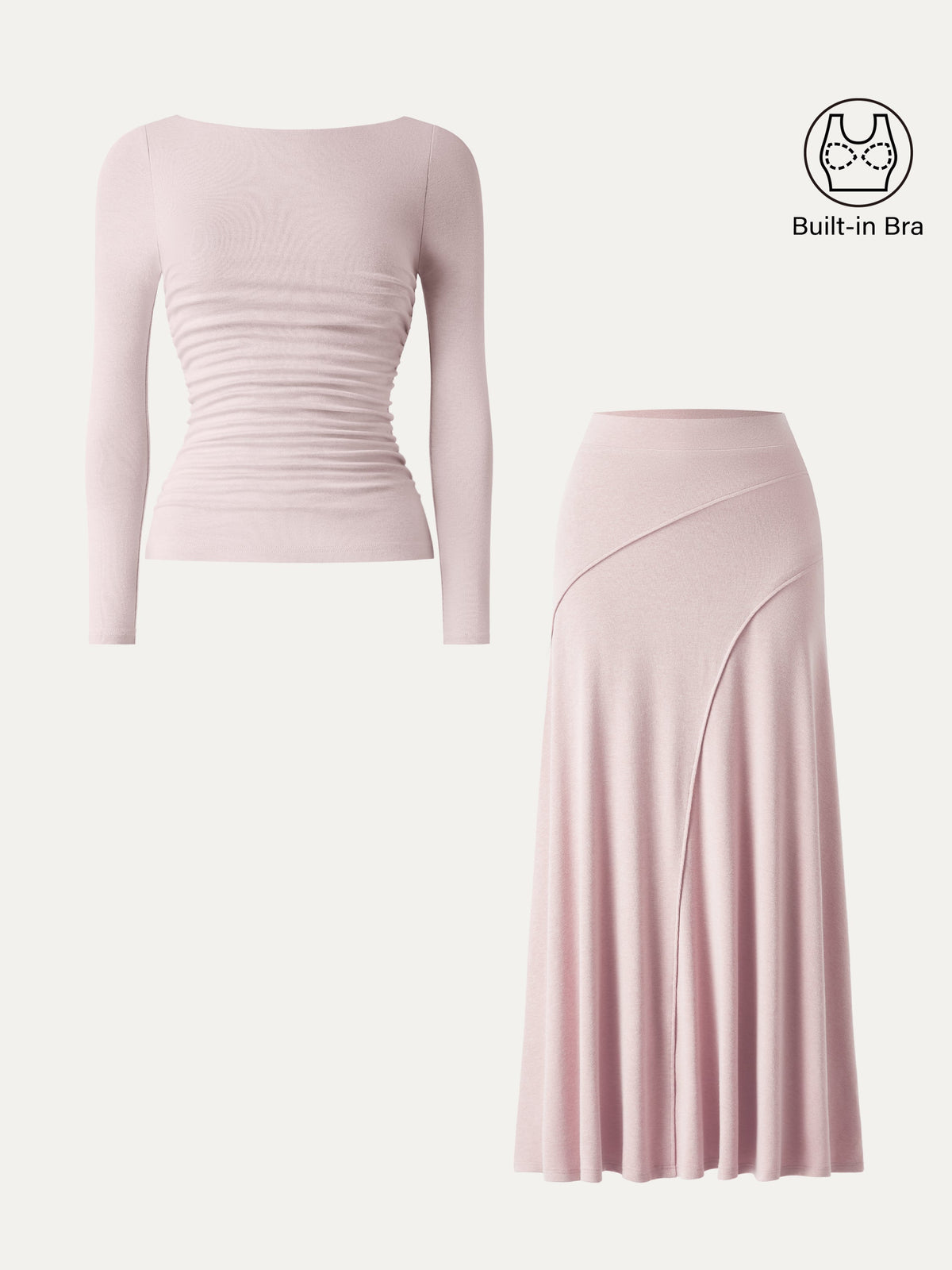 OGLmove Women's Boatneck Ruched Bra Top & Drapey A-Line Maxi Skirt Set