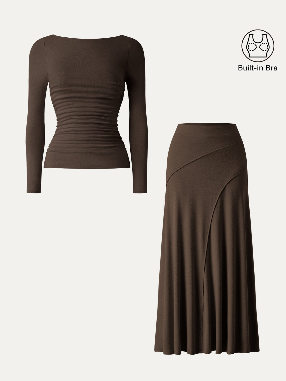 OGLmove Women's Boatneck Ruched Bra Top & Drapey A-Line Maxi Skirt Set