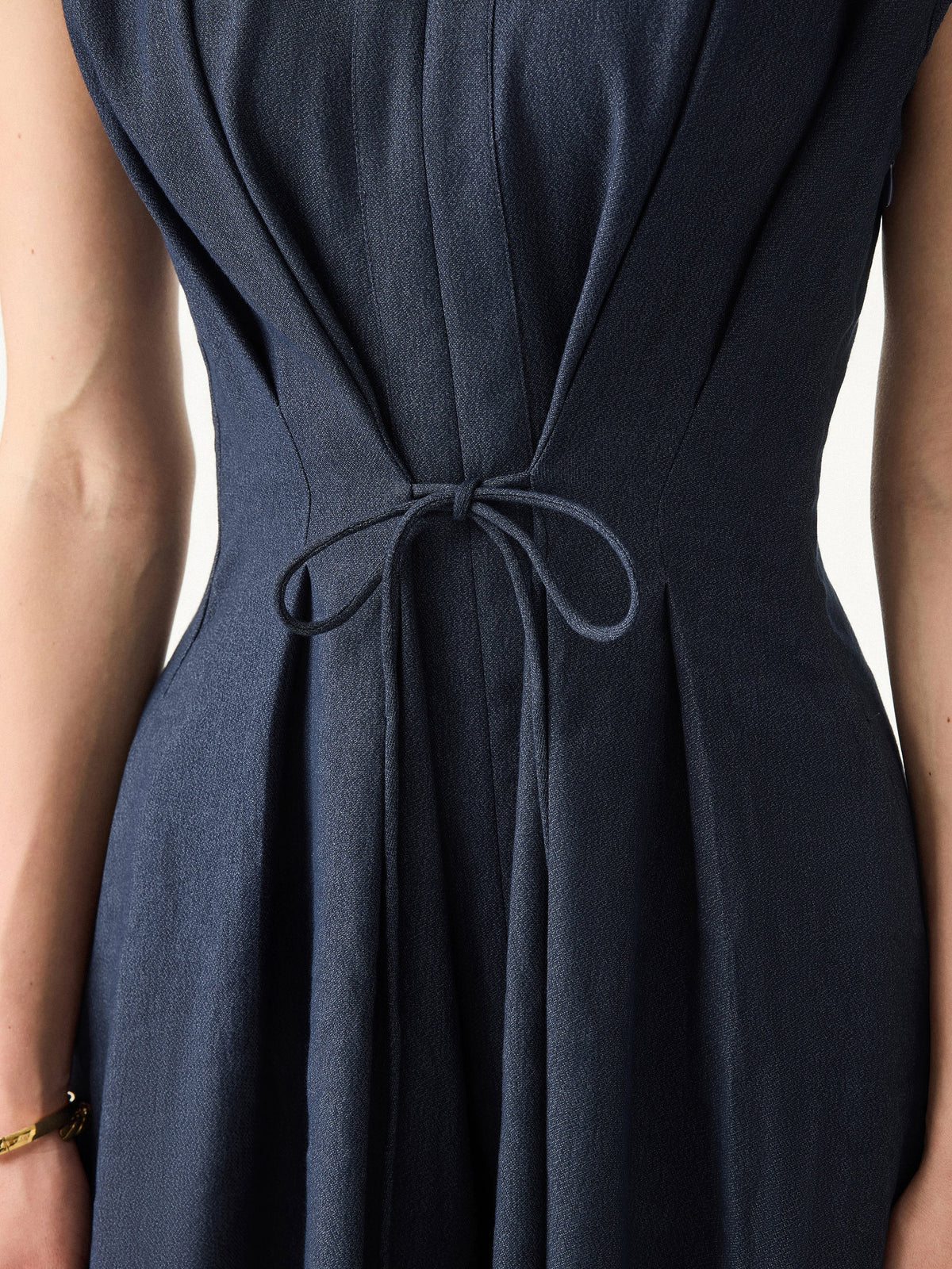 OGLmove Women's Viscose-Linen V-Neck Midi Dress with Drawstring
