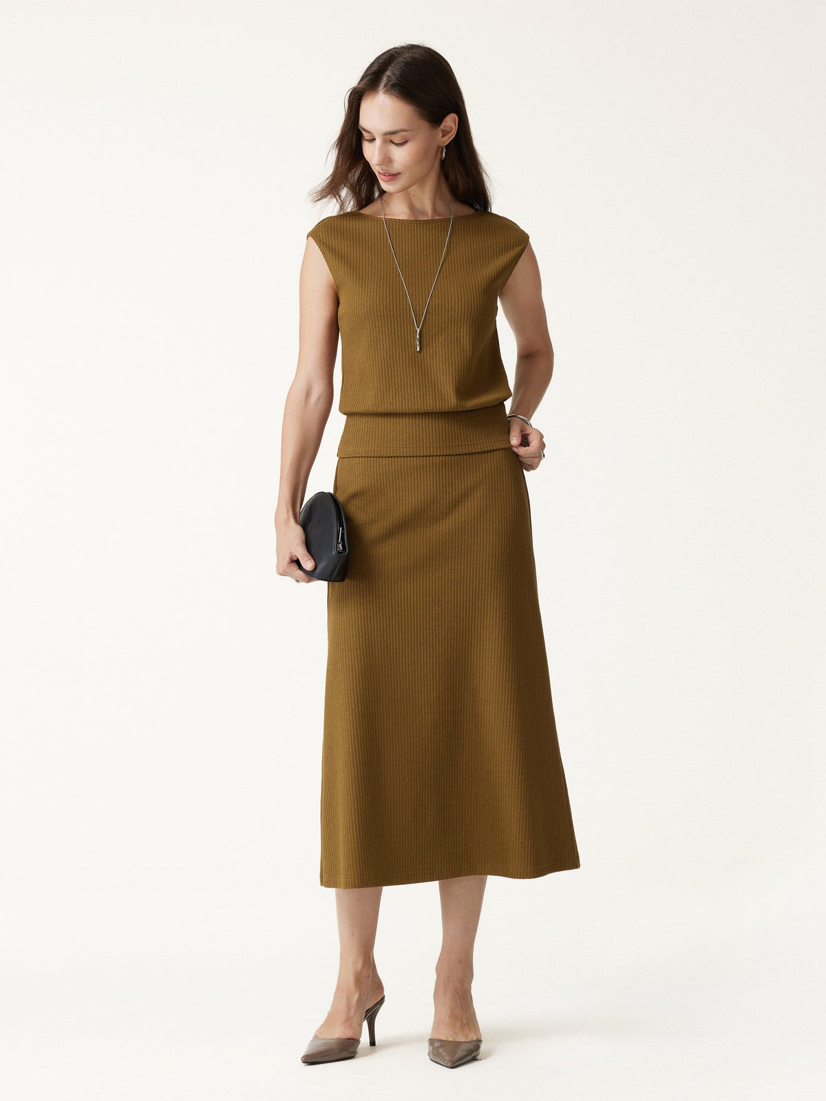 OGLmove Women's Textured Cotton Blend Mid-Rise A-Line Midi Skirt