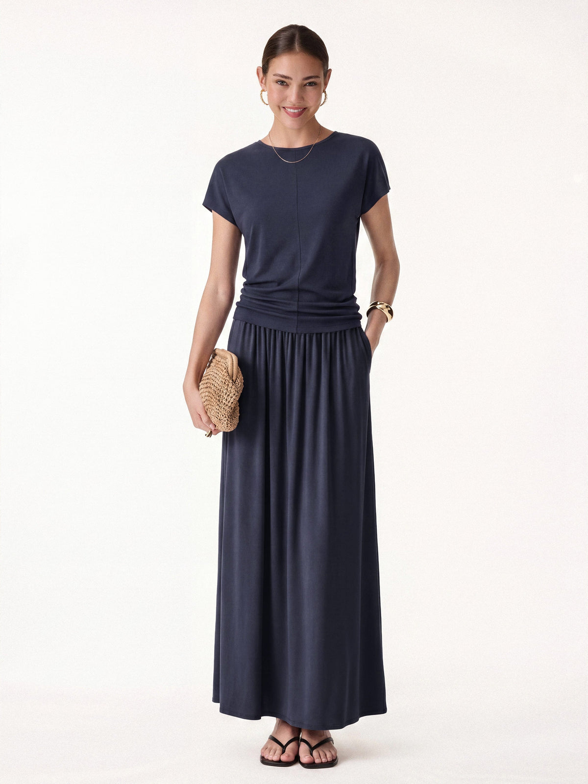 OGLmove Women's Round Neck Top and A-Line Maxi Skirt Set