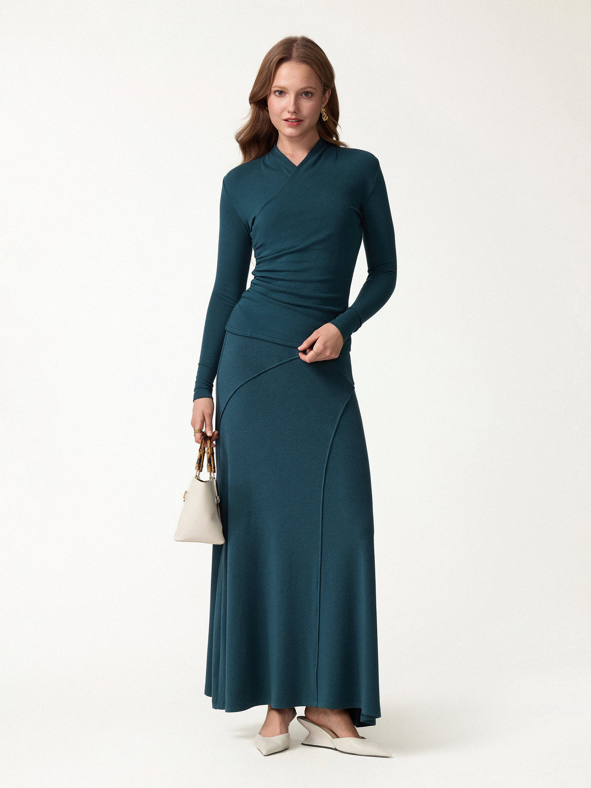 OGLmove Women's Surplice Long Sleeve Top & A-Line Midi Skirt Set