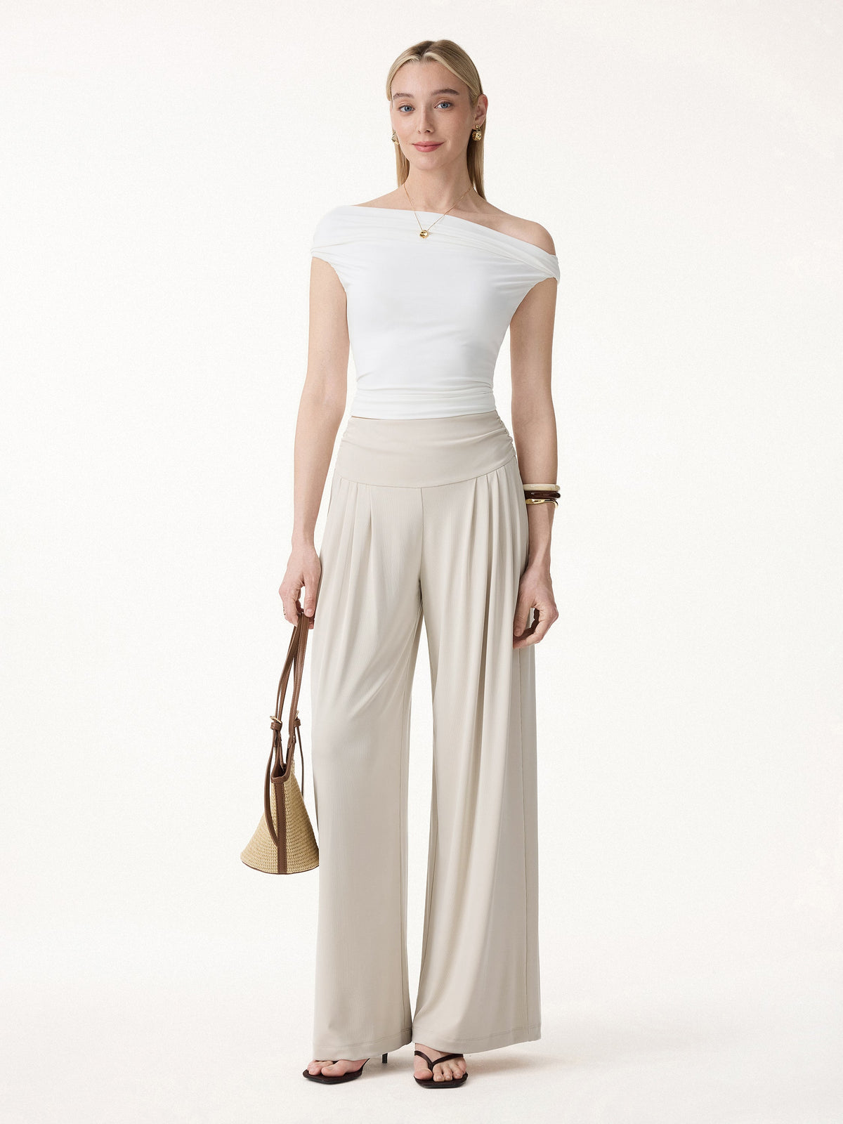 OGLmove Women's Sandwashed Flowy Tucked Palazzo Pants with Pockets