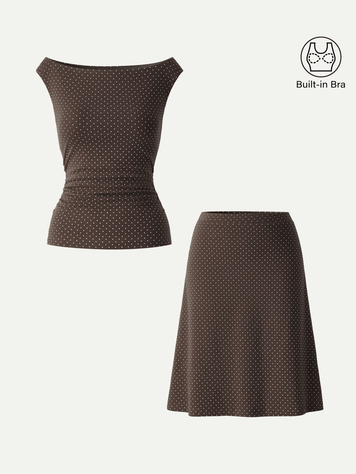 OGLmove Women's Polka Dot Boatneck Bra Top and A-Line Skirt Set