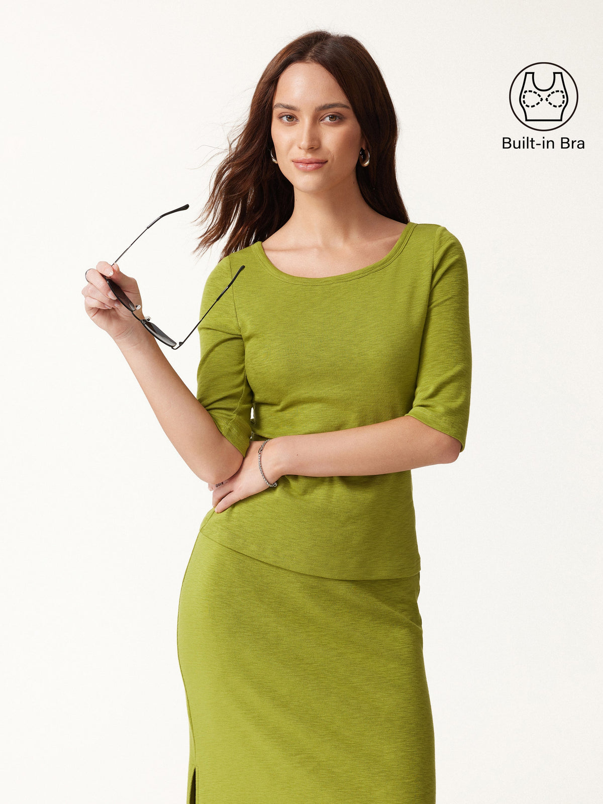 OGLmove Women's Round Neck Elbow Sleeve Bra Top and Midi Skirt Set