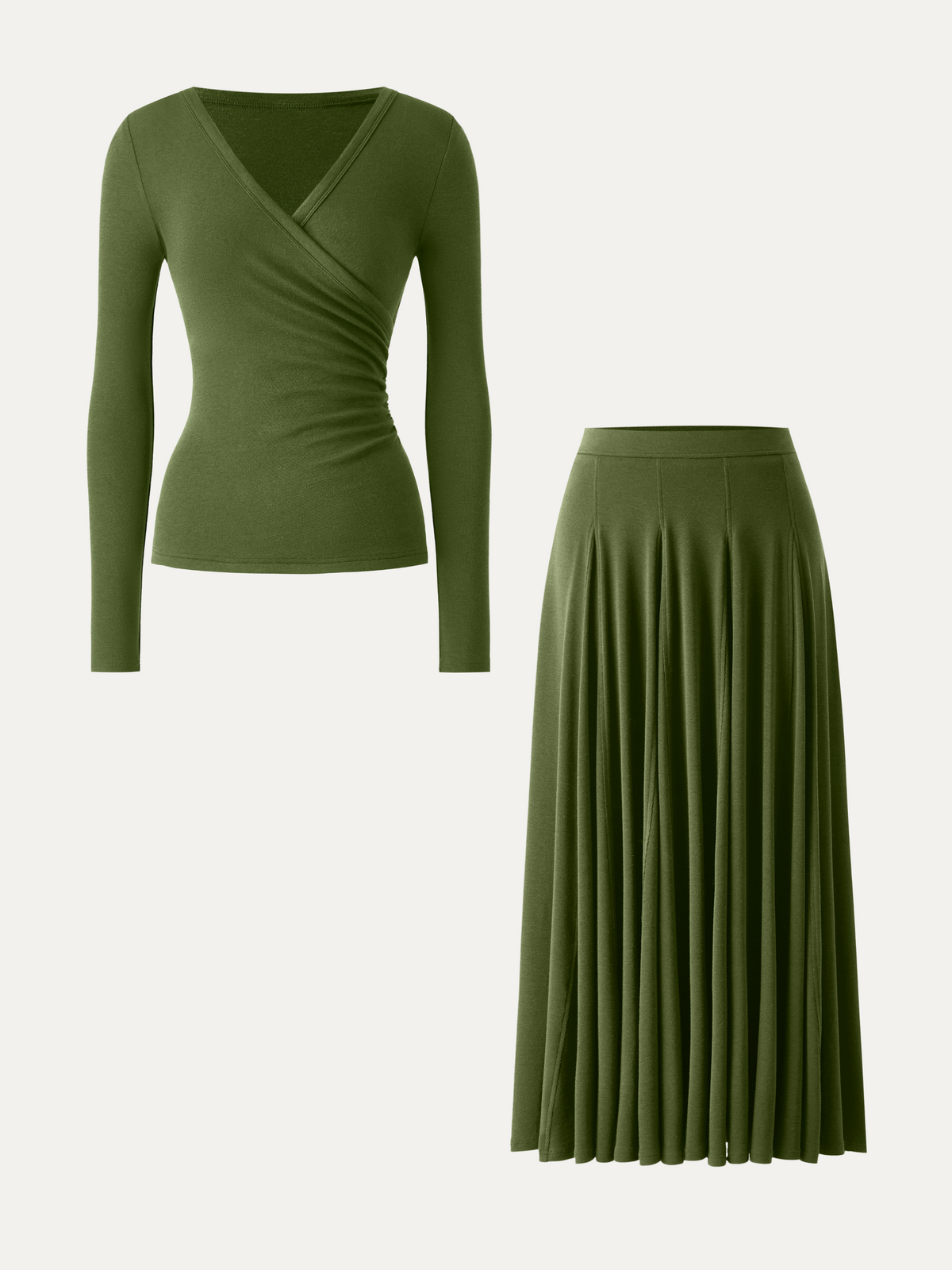 OGLmove Women's Surplice Ruched Long Sleeve & Maxi Skirt Set