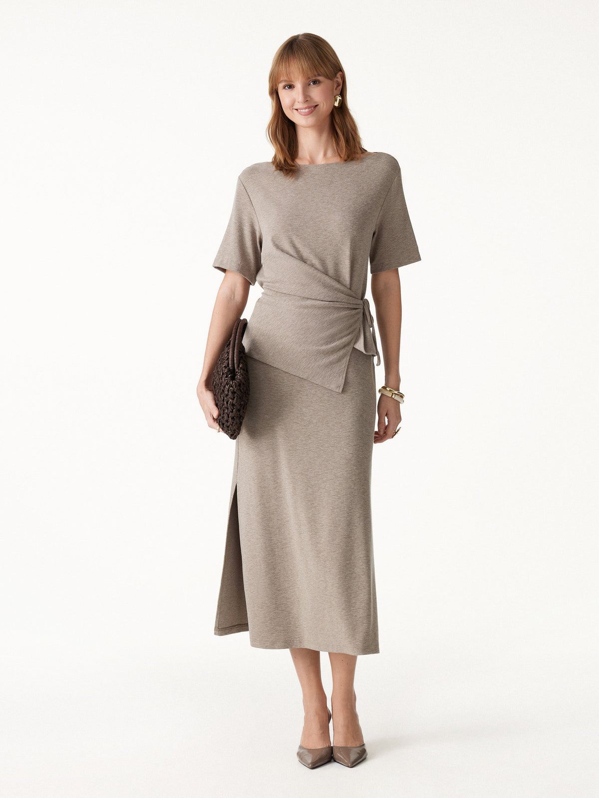 OGLmove Women's Tie-Side Top and Side-Slit Midi Skirt Set