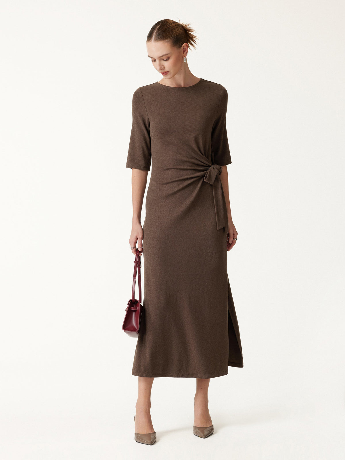OGLmove Women's Slub Ribbed Round Neck Tie-Waist Midi Dress