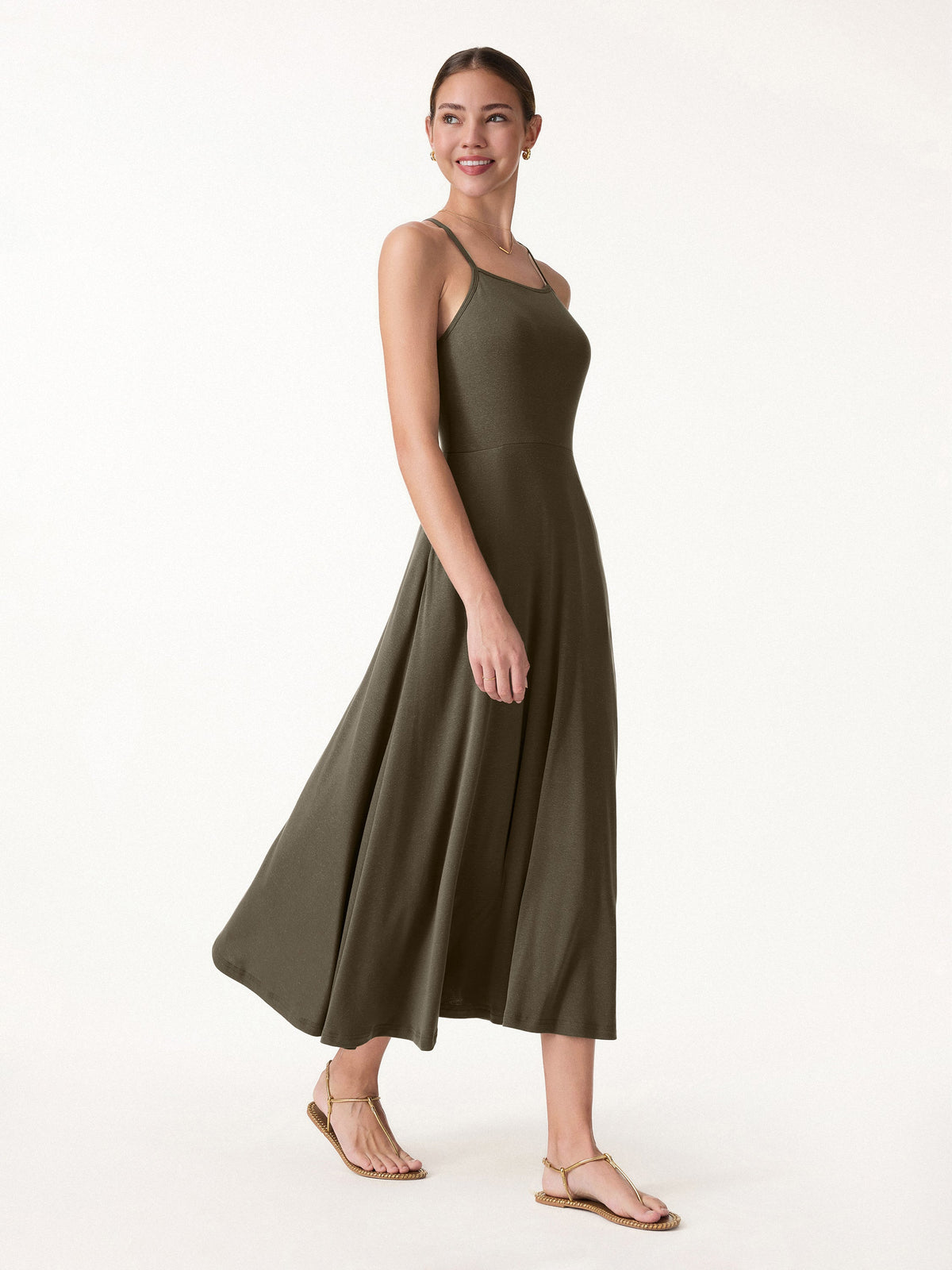 OGLmove Women's Soft Linen Knit Spaghetti Midi Bra Dress