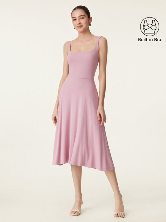 OGLmove Women's Square Neck Flowy Airy Bra Midi Dress