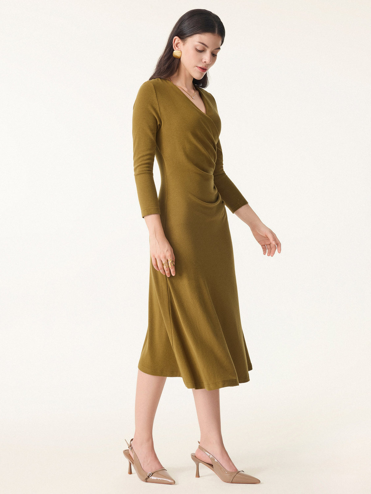 OGLmove Women's Eco-Mousse® Surplice 3/4 Sleeve Side-Tuck Midi Dress