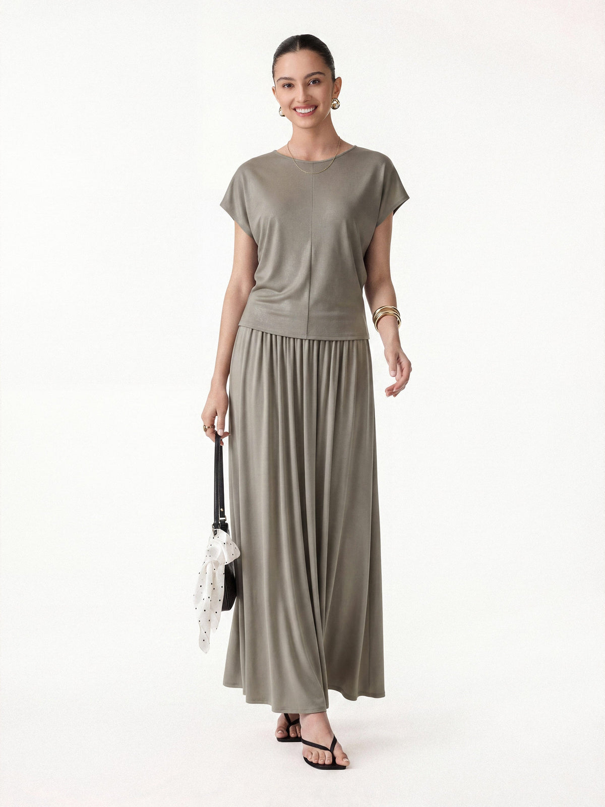 OGLmove Women's Round Neck Top and A-Line Maxi Skirt Set