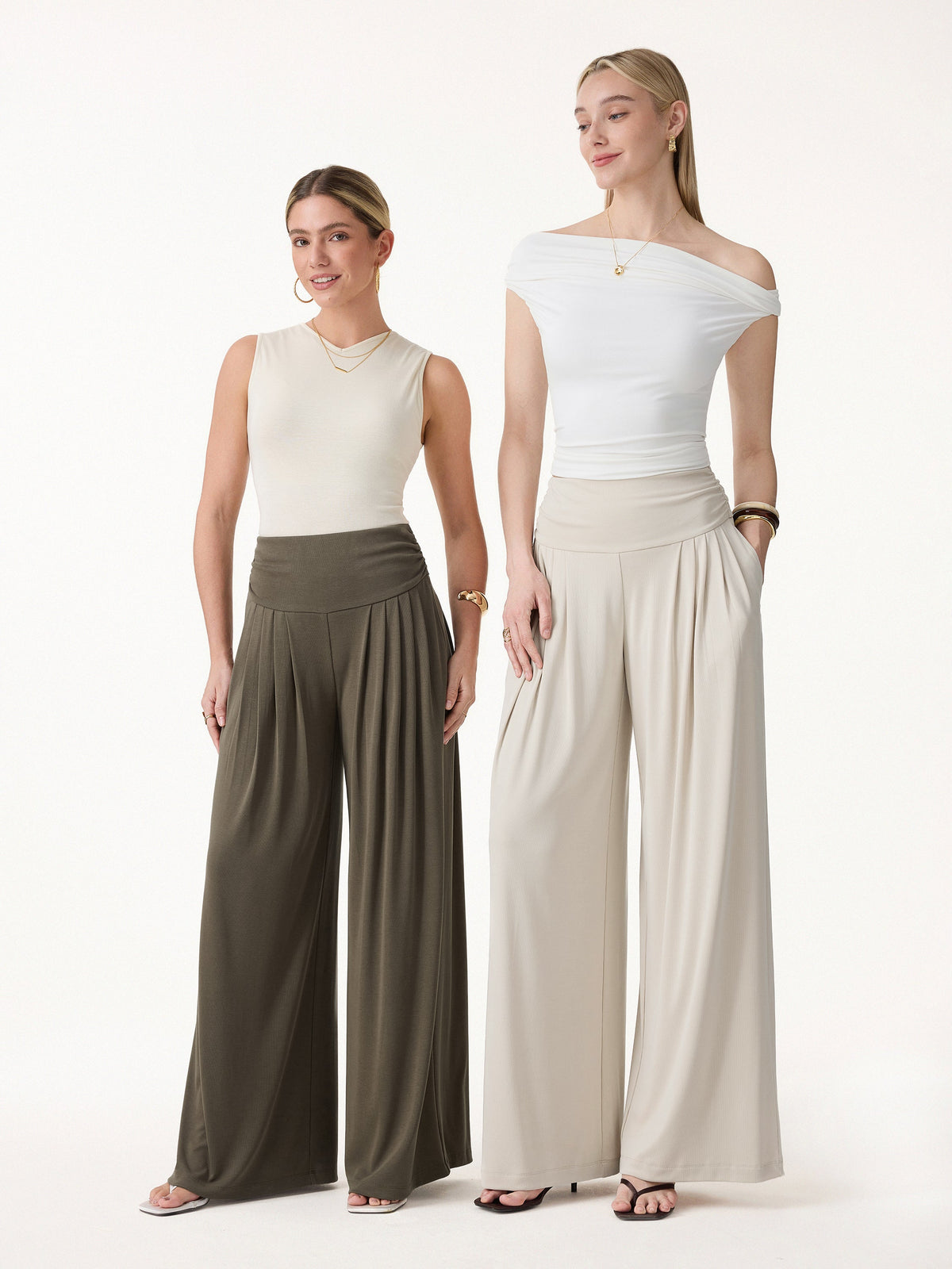 OGLmove Women's Sandwashed Flowy Tucked Palazzo Pants with Pockets