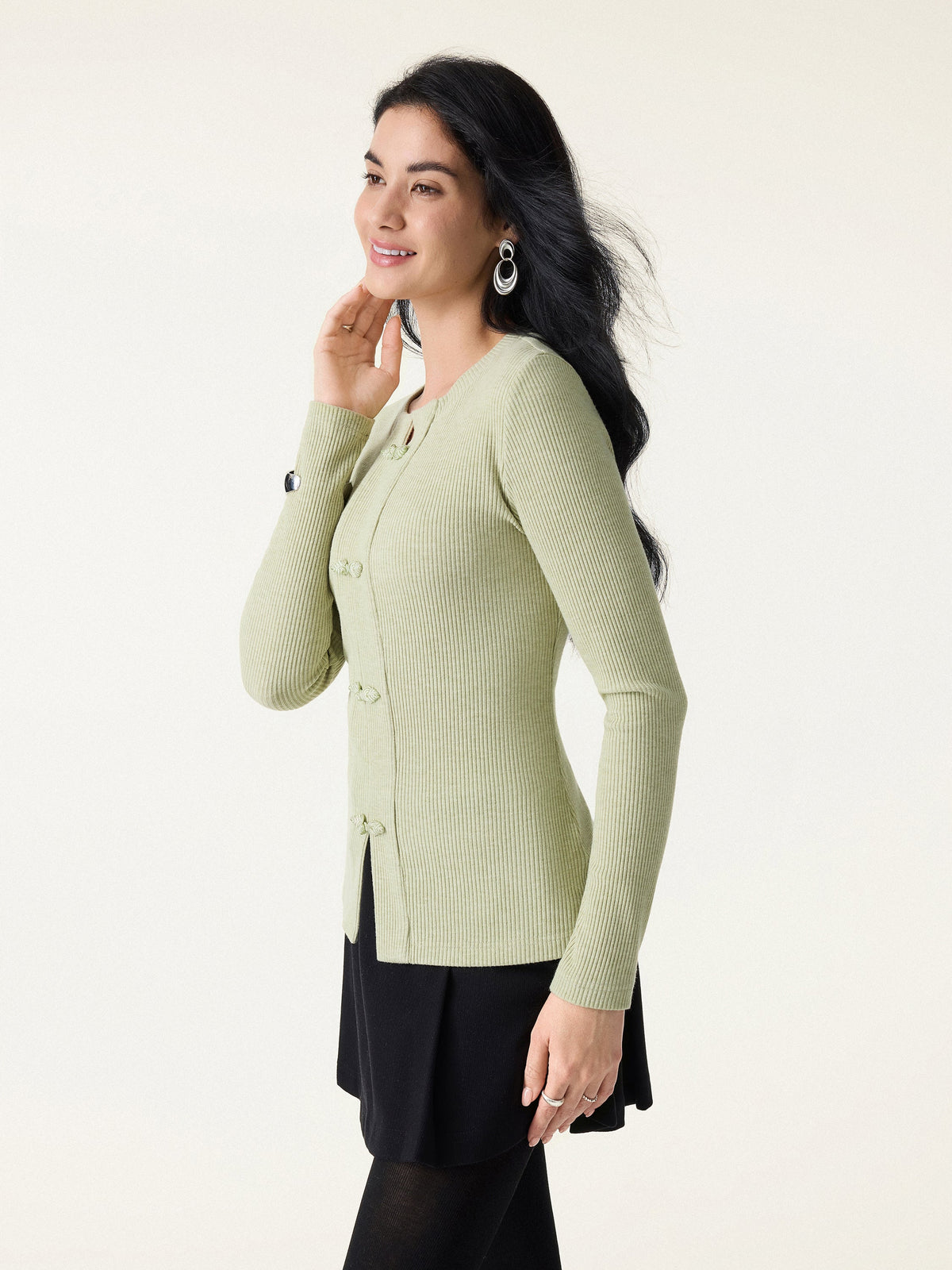 OGLmove Women's Ribbed Frog Button Long Sleeve Top
