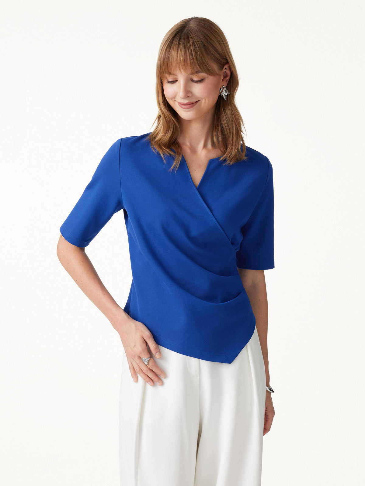 OGLmove Women's Ponte Surplice Elbow Sleeve Asymmetrical Hem Top