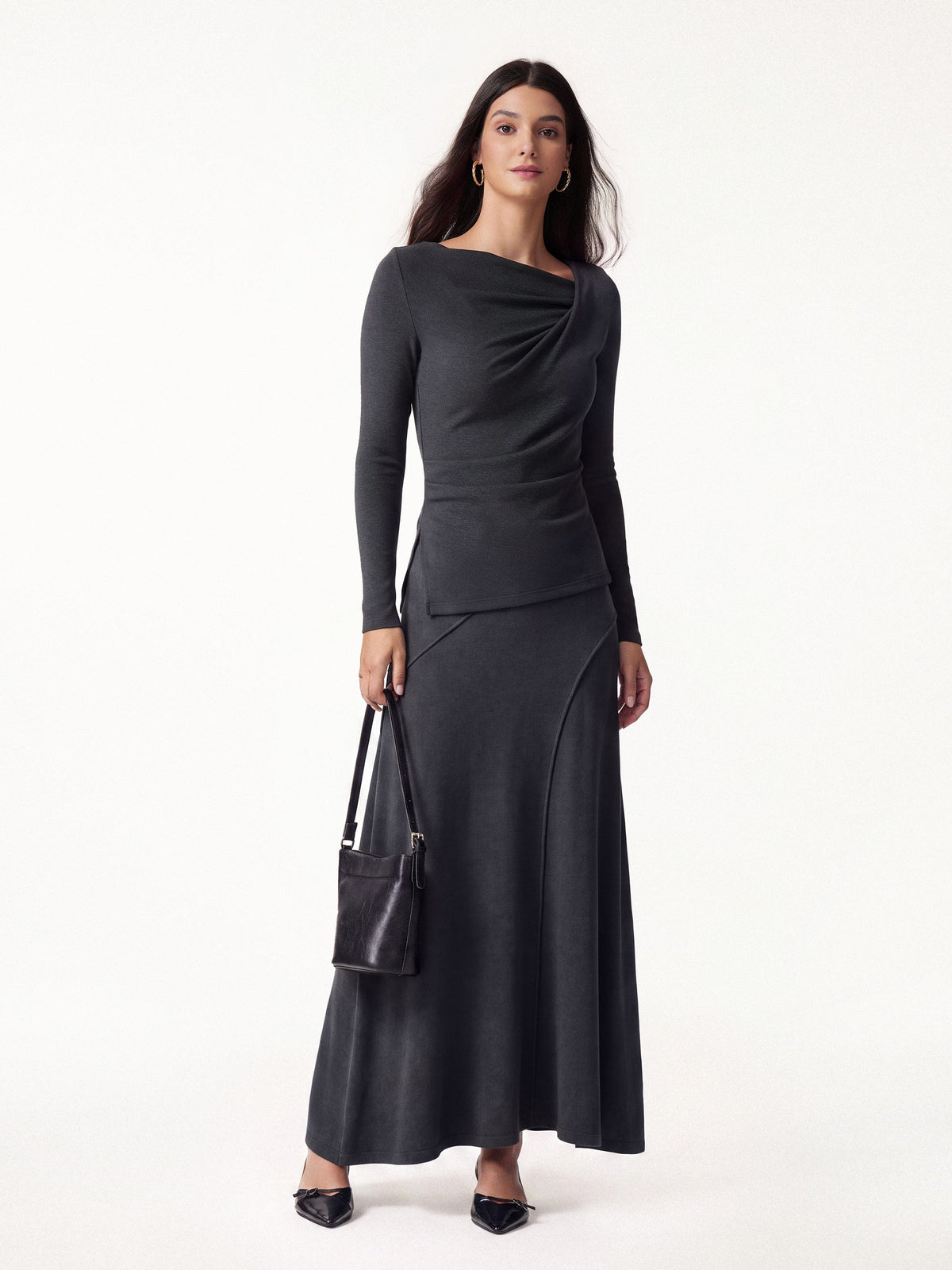 OGLmove Women's Asymmetrical Neck Long Sleeve & Midi Skirt Set