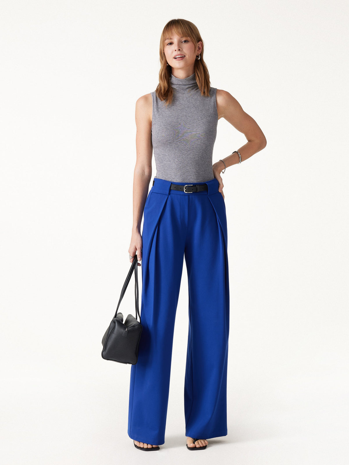 OGLmove Women's Ponte Mid-Rise Wide-Leg Tuck Pants with Pockets