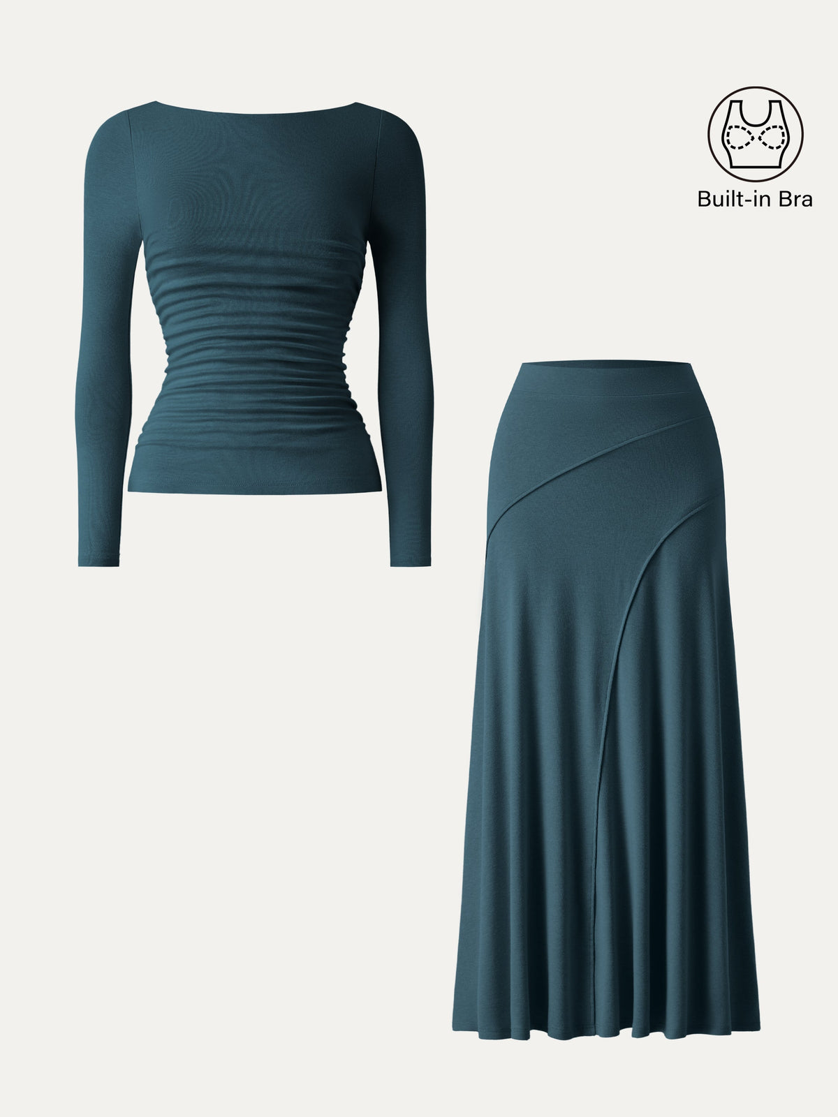 OGLmove Women's Boatneck Ruched Bra Top & Drapey A-Line Maxi Skirt Set