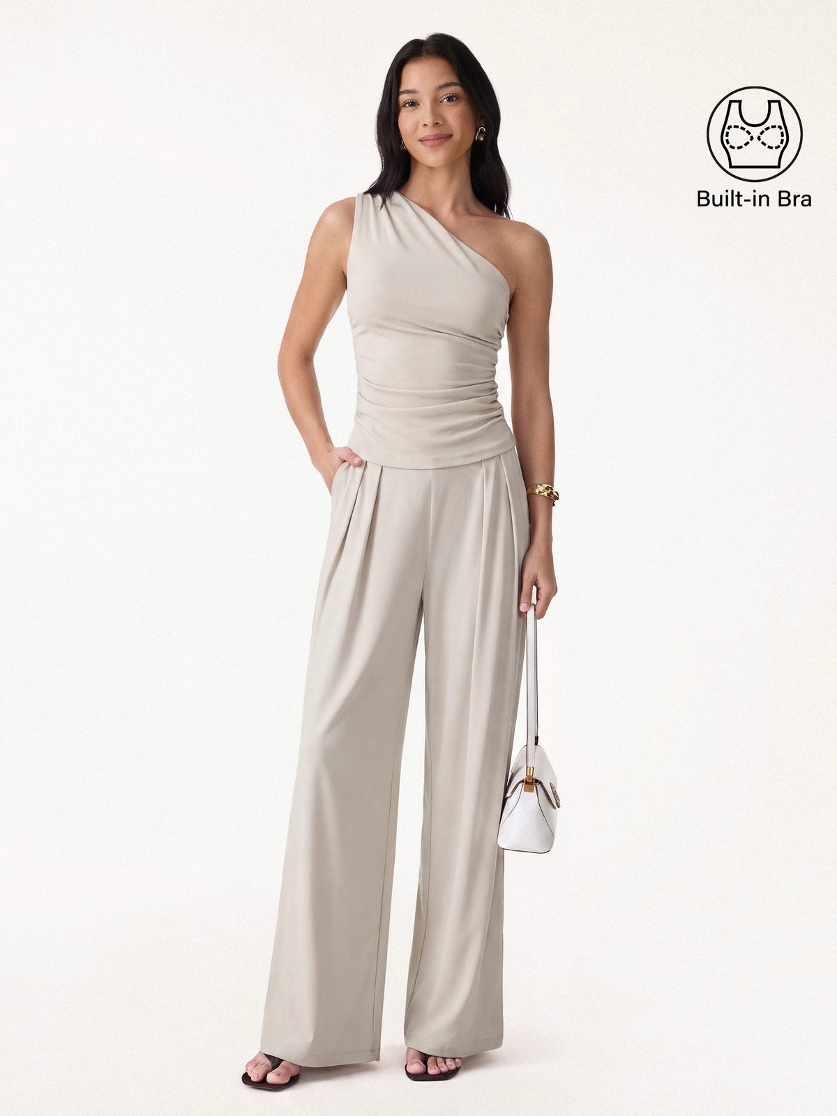 OGLmove Women's 2-Piece Wide Leg Pants and Ruched Bra Top Set