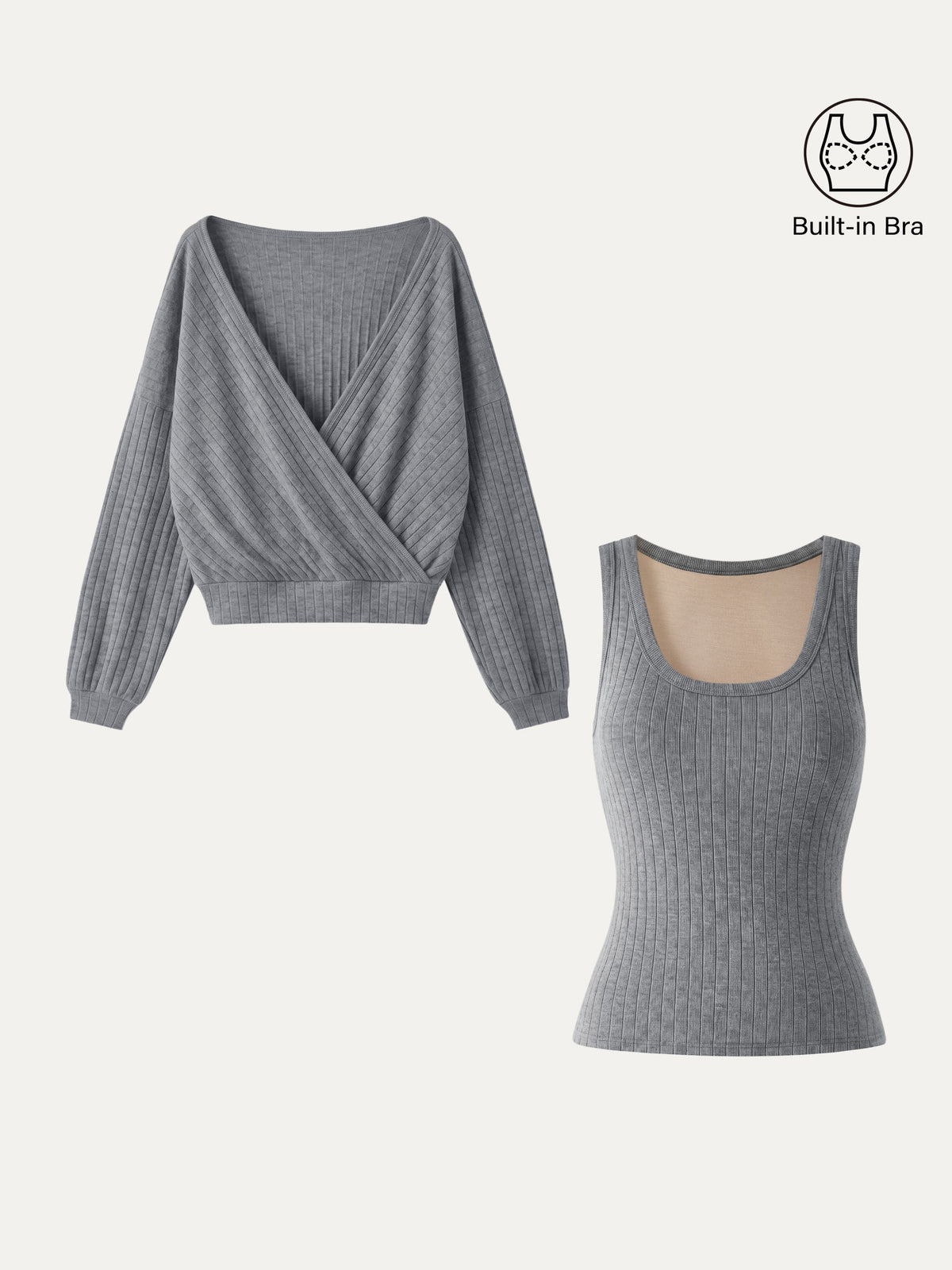OGLmove Women's Thermal Wide Rib 2-Piece Bra Top and Crossover Top Set