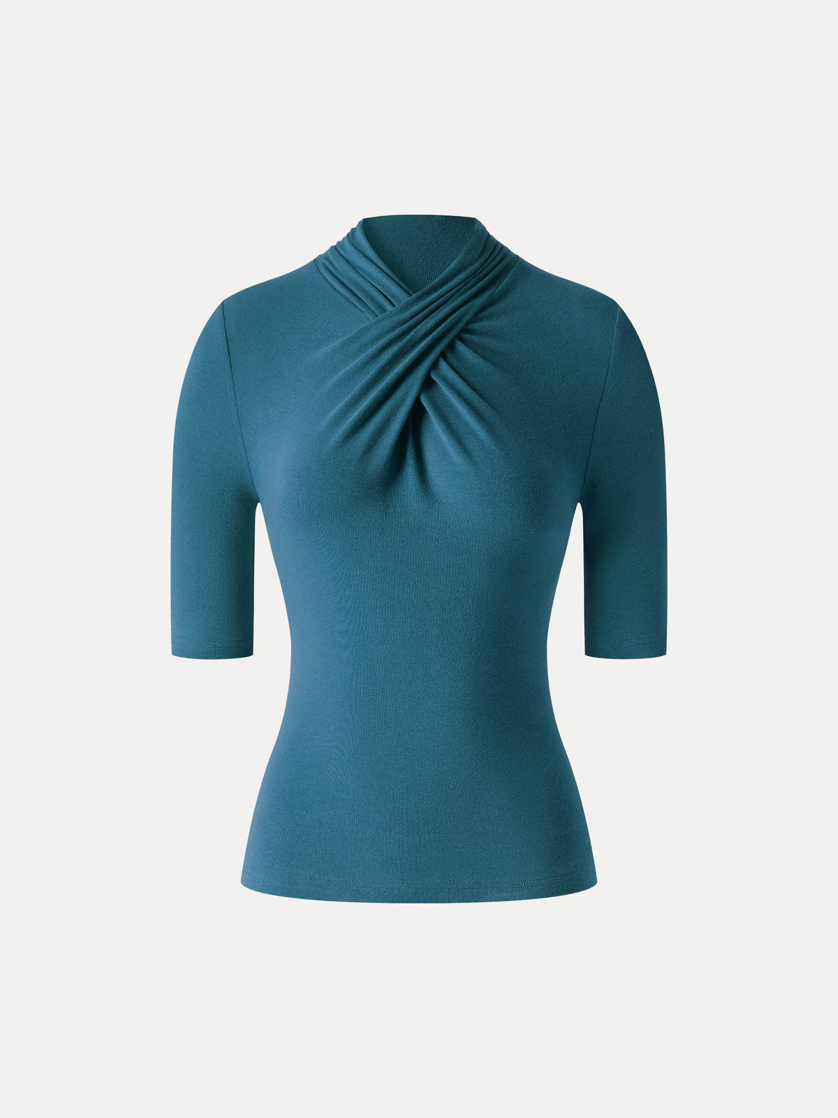 OGLmove Women's Eco-Mousse Crisscross Mock Neck Elbow Sleeve Ruched Top