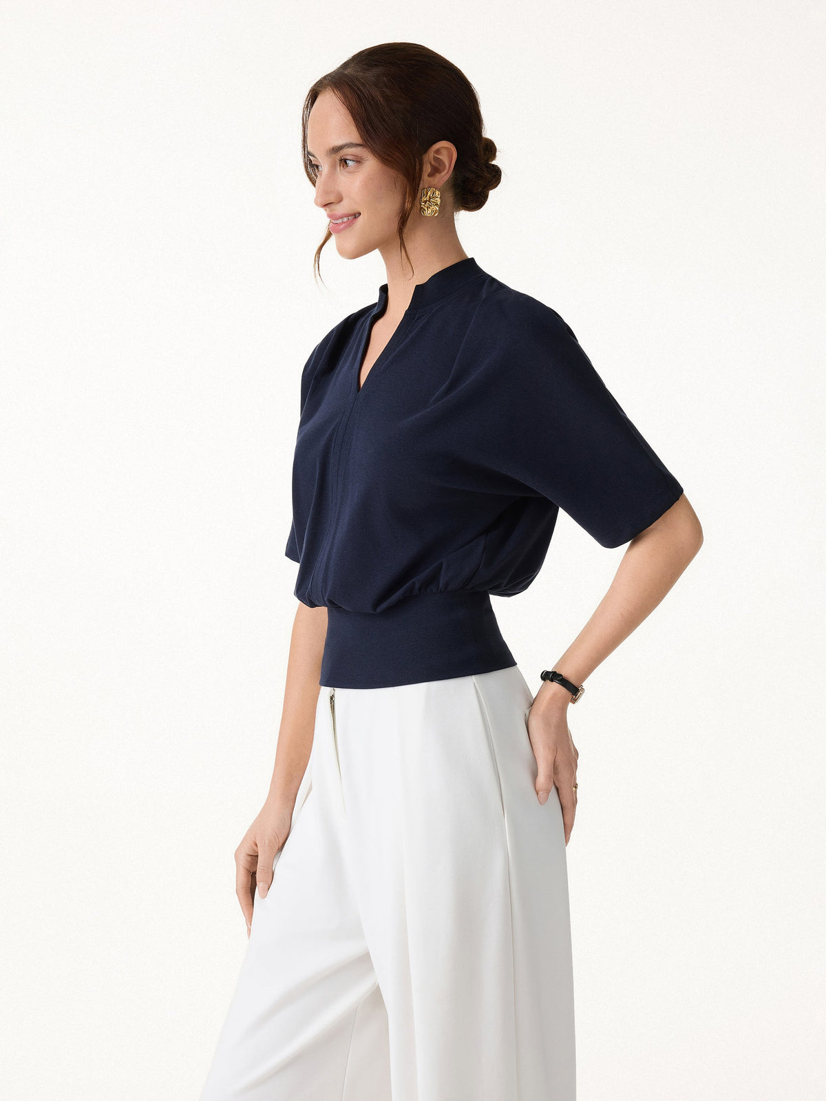 OGLmove Women's Light Cotton Rib Stand Collar V-Neck Top