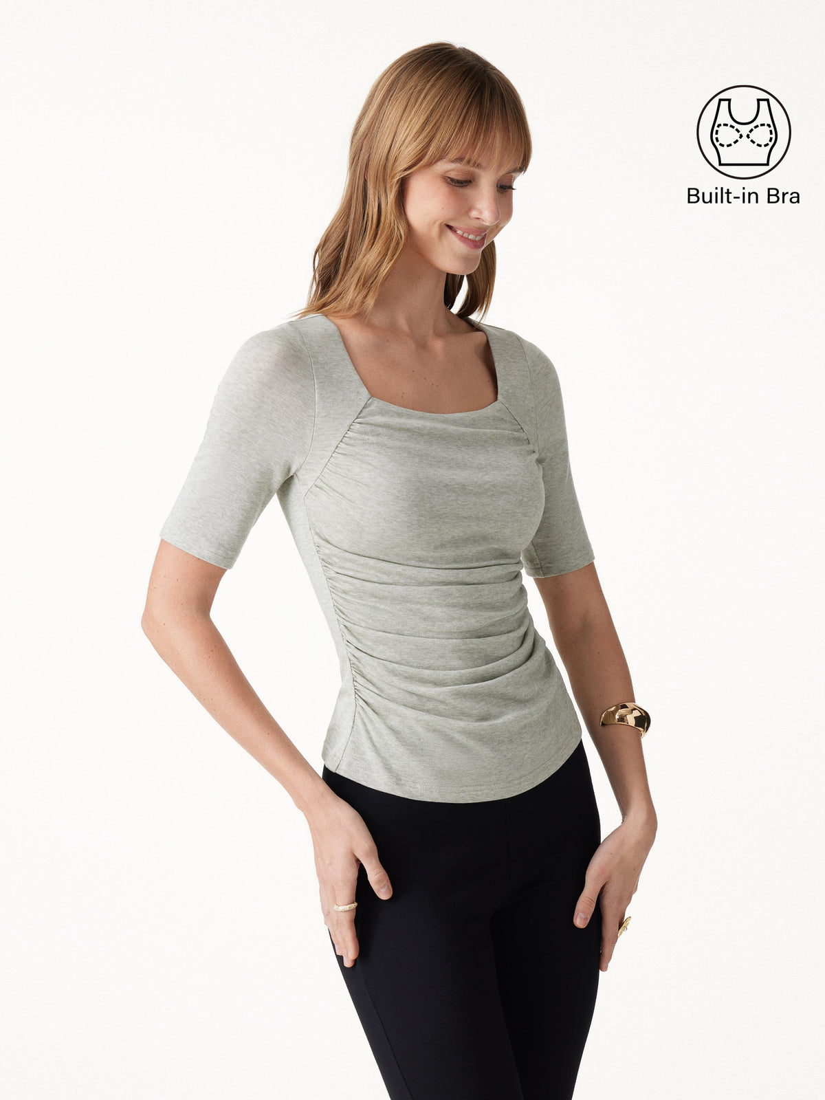 OGLmove Women's Lyocell-Wool Square Neck Elbow Sleeve Ruched Bra Top