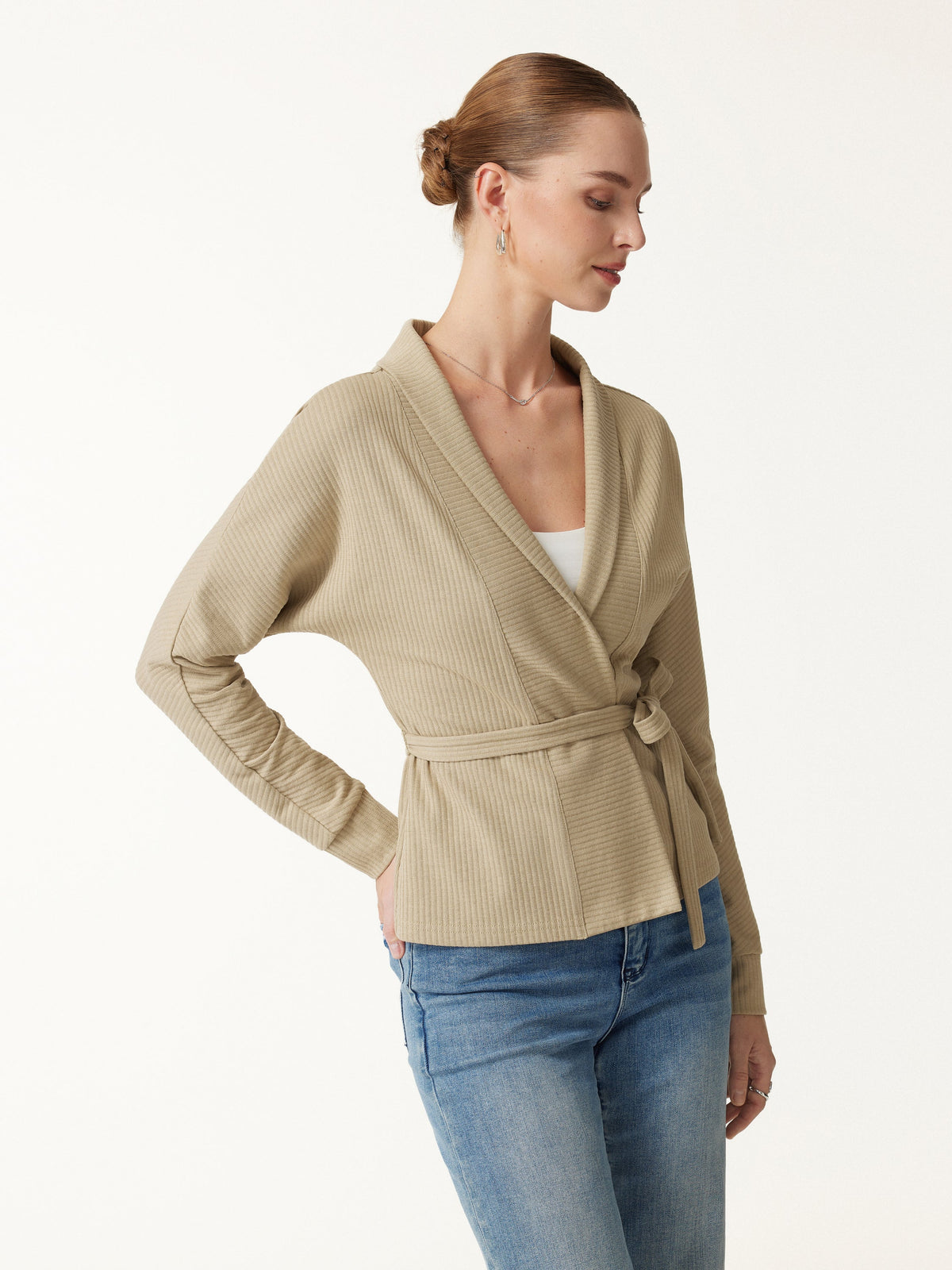 OGLmove Women's Textured Cotton Blend Lapel Belted Open-Front Jacket