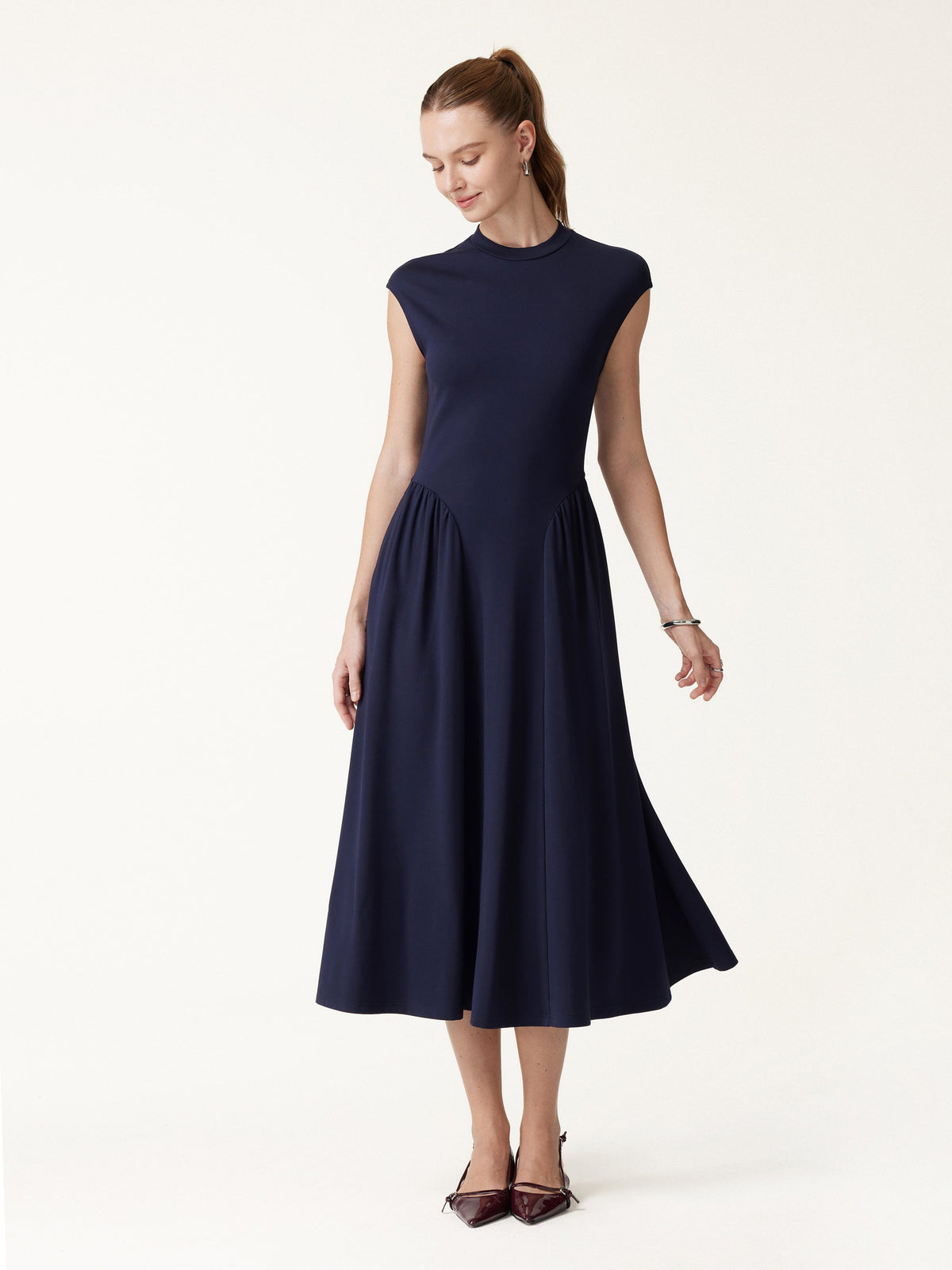OGLmove Women's Ponte Mock Neck Ruched A-Line Midi Dress with Pockets