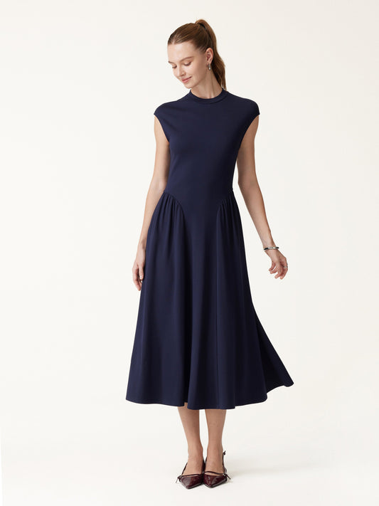 OGLmove Women's Ponte Mock Neck Ruched A-Line Midi Dress with Pockets