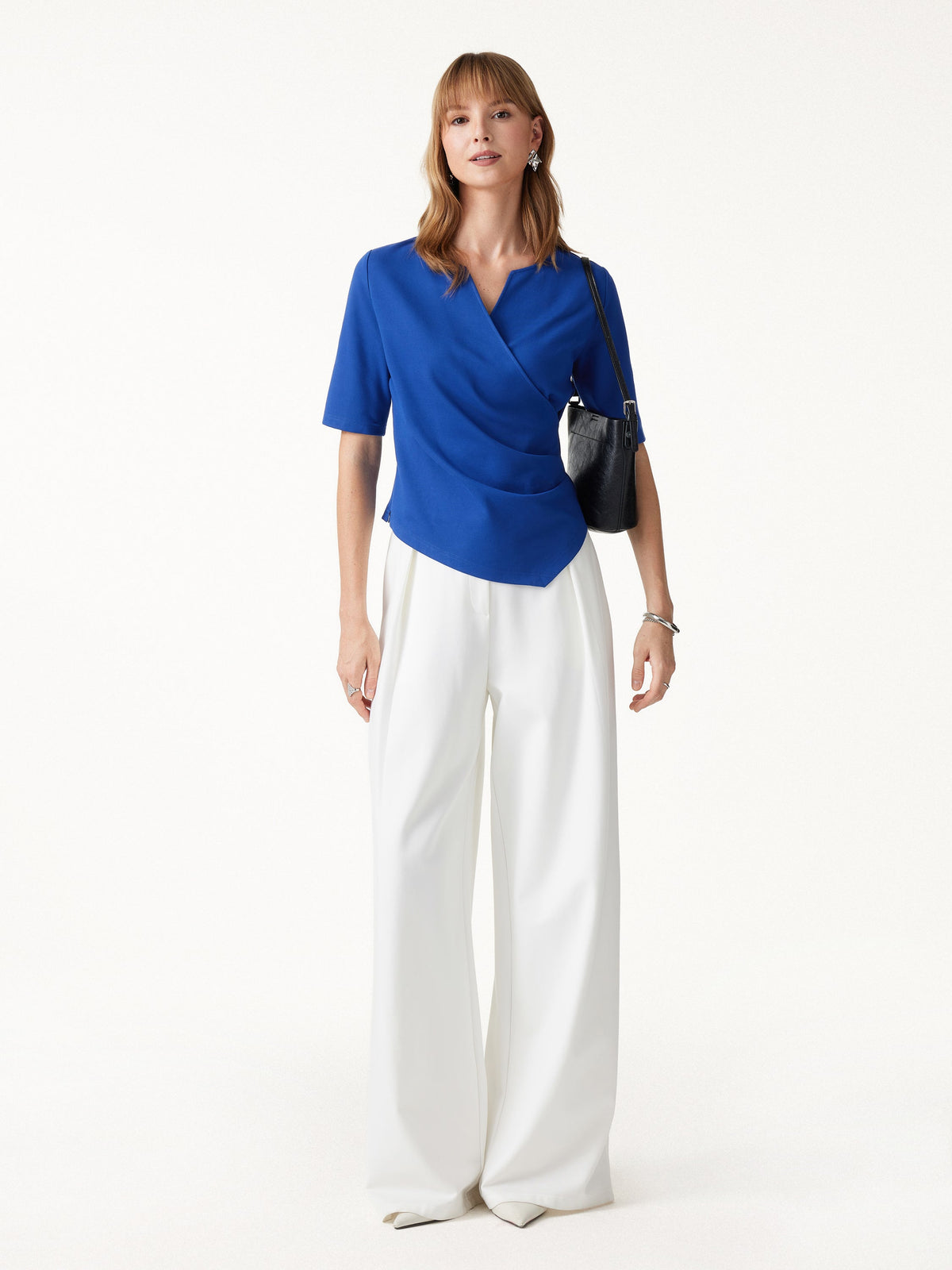 OGLmove Women's Ponte Surplice Elbow Sleeve Asymmetrical Hem Top