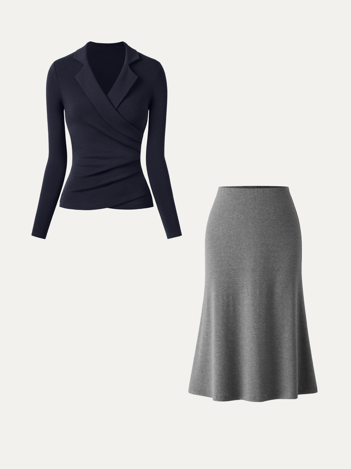 OGLmove Women's Eco-Mousse Collared Surplice Top & Midi Skirt Set
