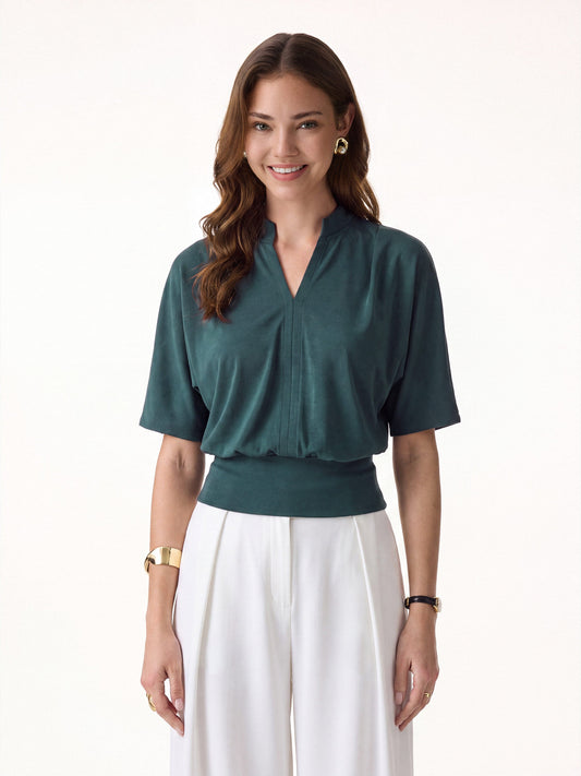 OGLmove Women's Light Cotton Rib Stand Collar V-Neck Top