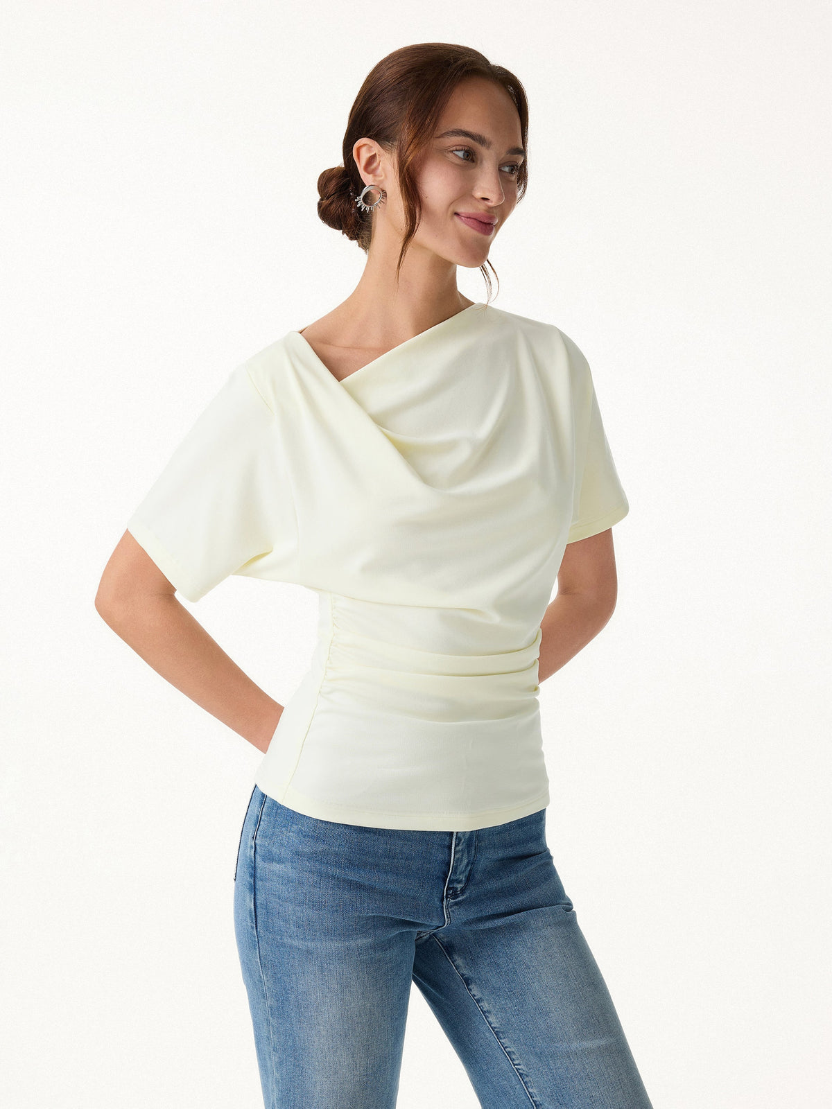 OGLmove Women's Light Cotton Rib Asymmetrical Cowl Neck Ruched Top