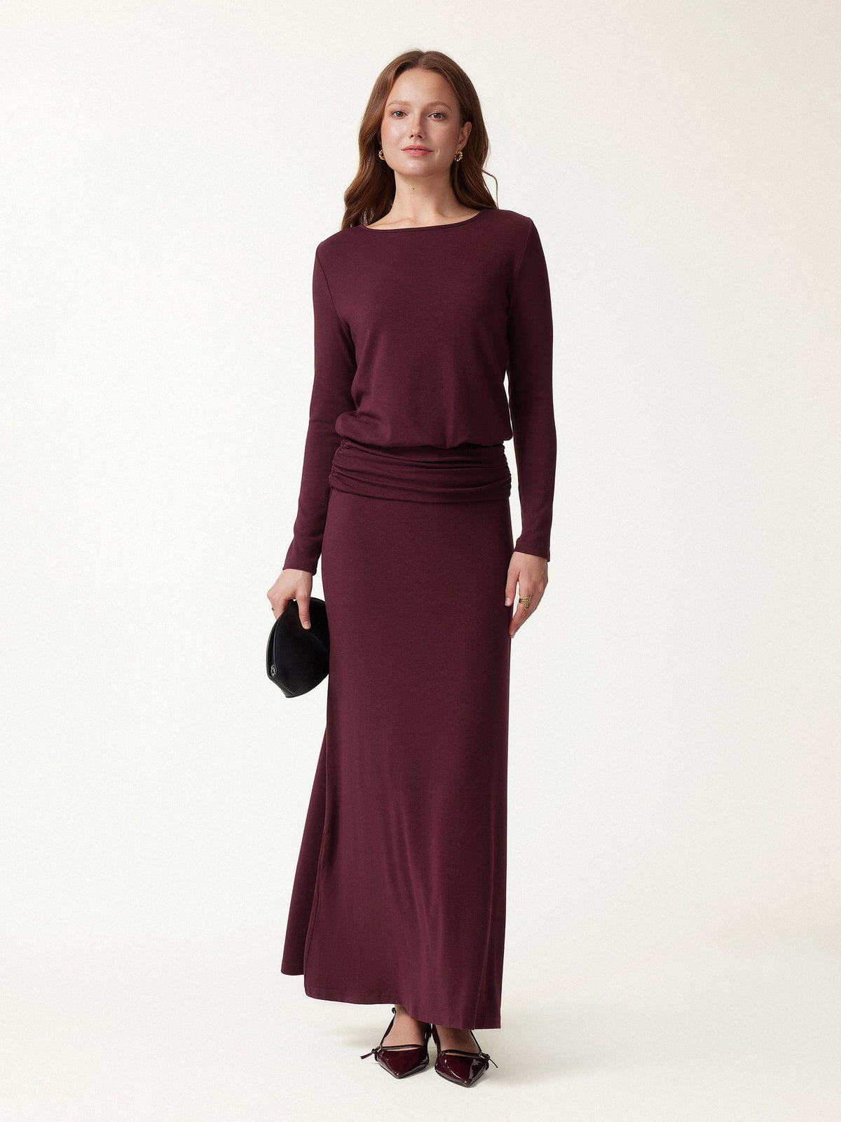 OGLmove Women's Boatneck Long Sleeve Top & Maxi Skirt Set