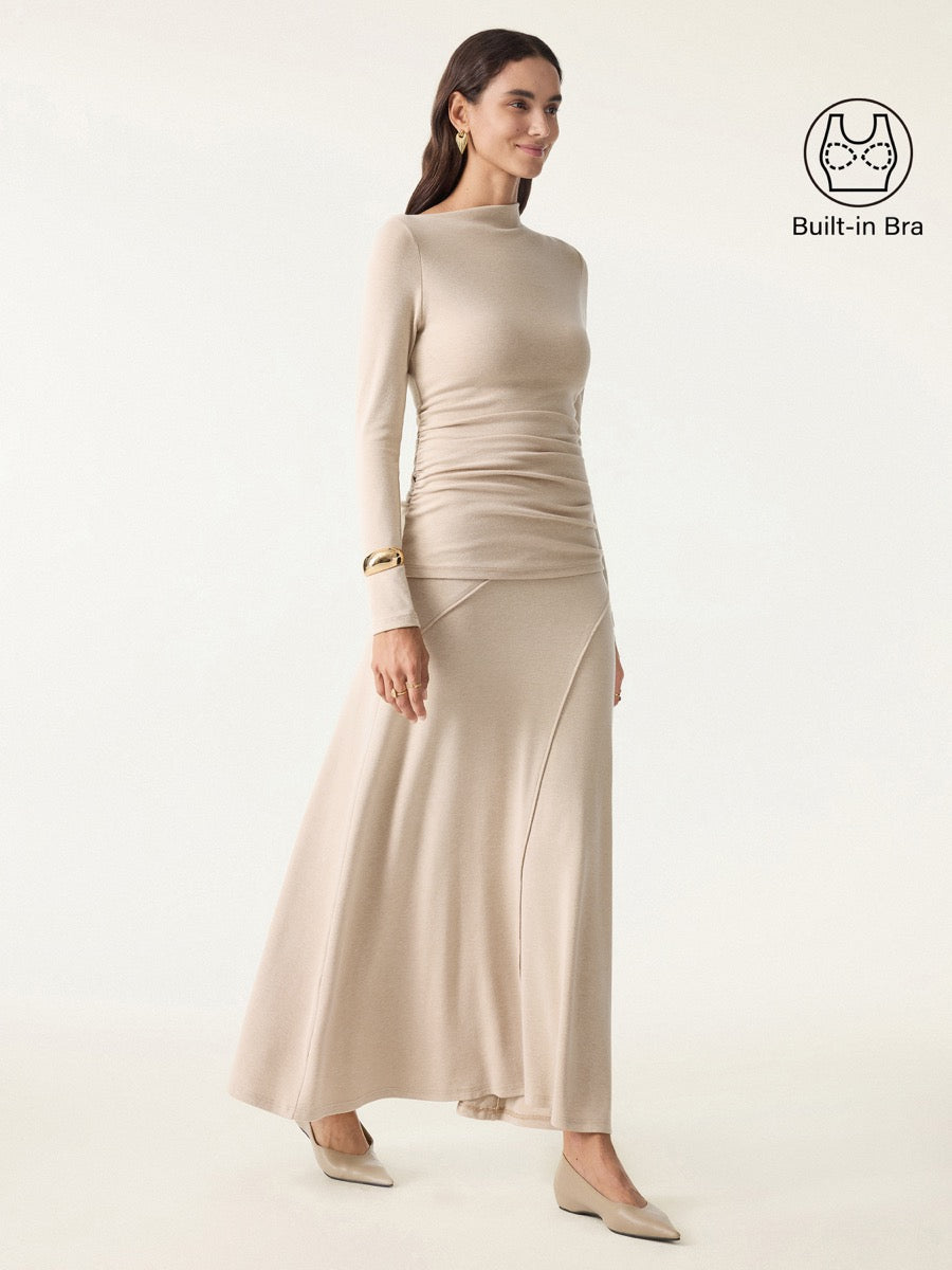 OGLmove Women's Asymmetrical Long Sleeve Bra Top & A-Line Midi Skirt Set